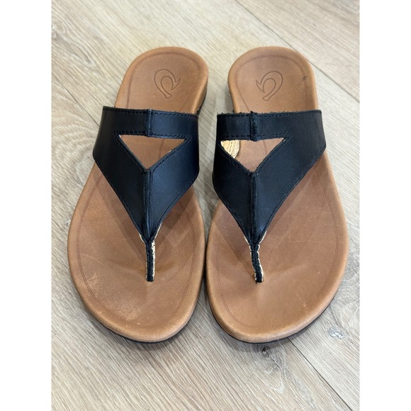 OluKai Shoes - OluKai Lala Black Leather Thong Sandals Womens 8 Flip Flops 20321-4034